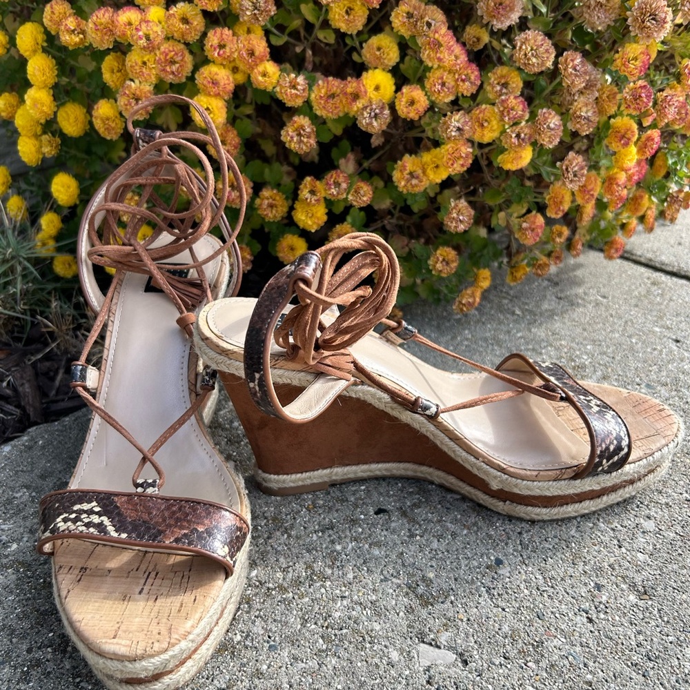 White House Black Market Cork Wedges Lace Up Sandals Snakeskin and Suede Size 9